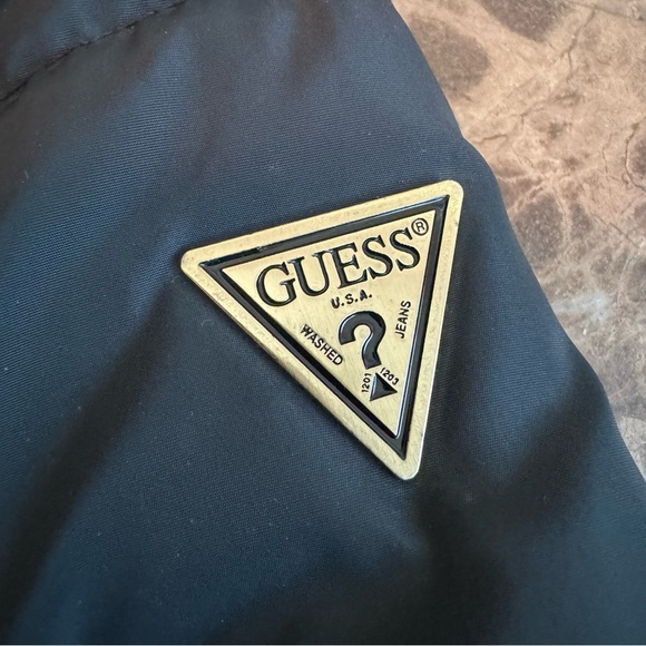 Guess Hooded Puffer Down Jacket Black with Gold Detail Faux Fur​ - Picture 8 of 12